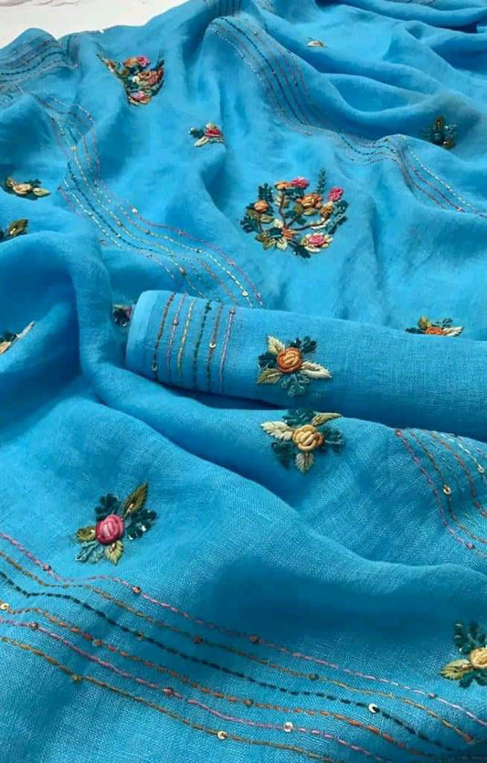 Pure Linen Saree Blue