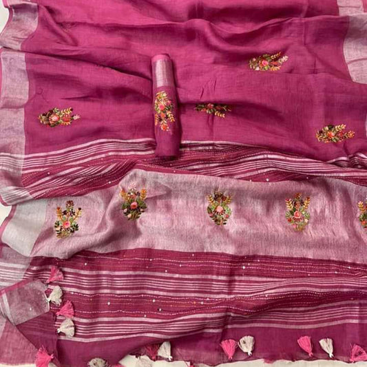 Pure Linen Saree Dark Pink