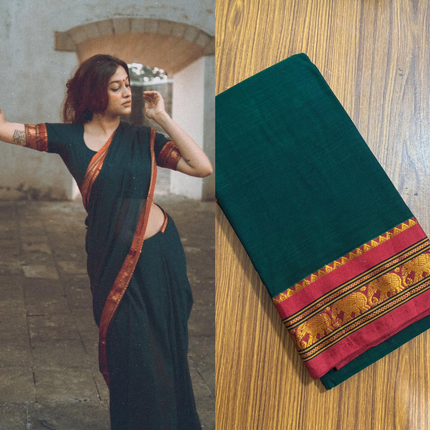 Cotton Saree with Elephant Border