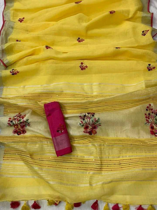 Pure Linen Saree Lemon Yellow