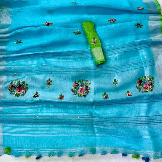 Pure Linen Saree Sky Blue