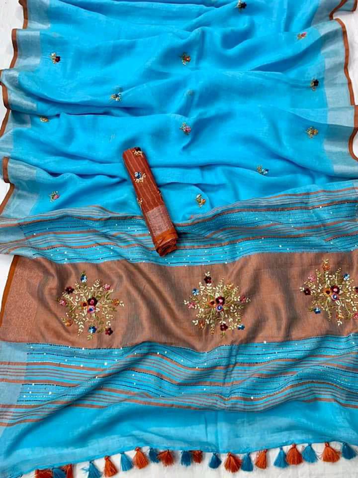 Pure Linen Saree Sky Blue Brown