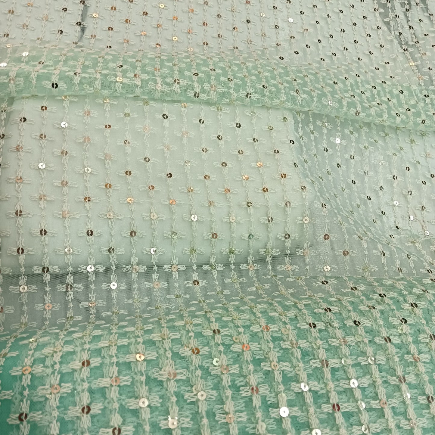 Thread Embroidery on Mint Green Net Fabric