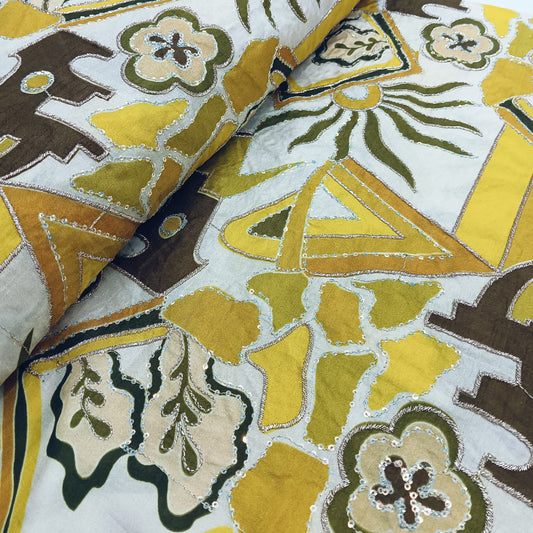 Dola Silk with Position Embroidery in Corn Cheese Yellow Colour Fabric