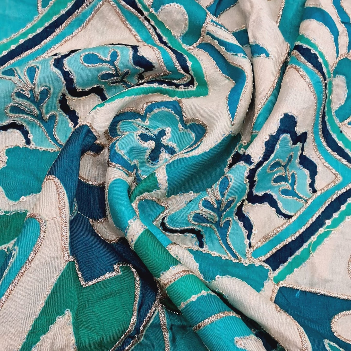 Dola Silk with Position Embroidery in Electric blue with Beige Fabric