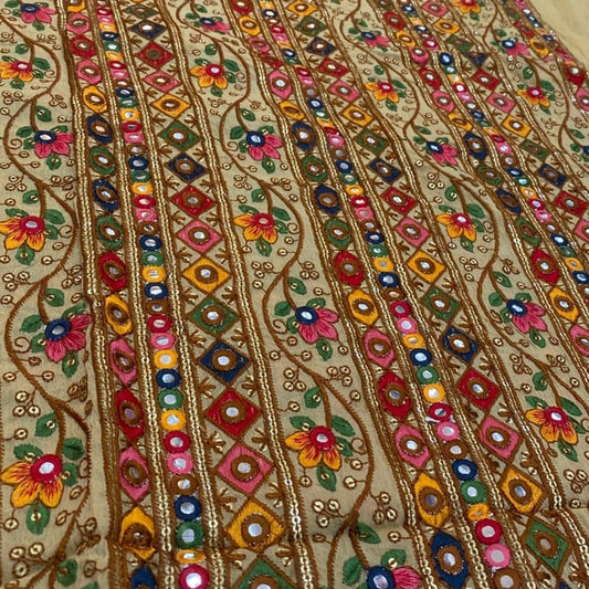 Beige Pure Chinon Fabric with heavy multicoloured thread, sequin embroidery and mirror work