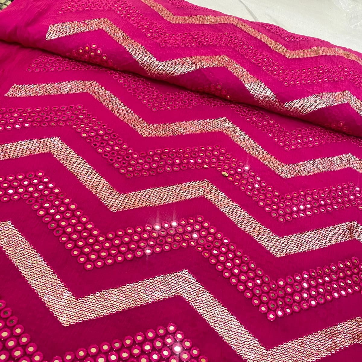 Pure Viscose Chinon in Rani Pink With Wavy/ Zigzag Pattern and Sequins work