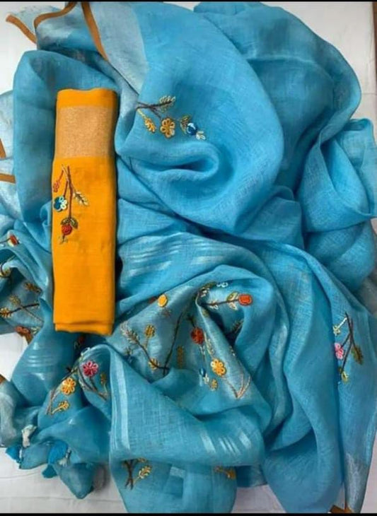 Pure Linen Saree Light Blue