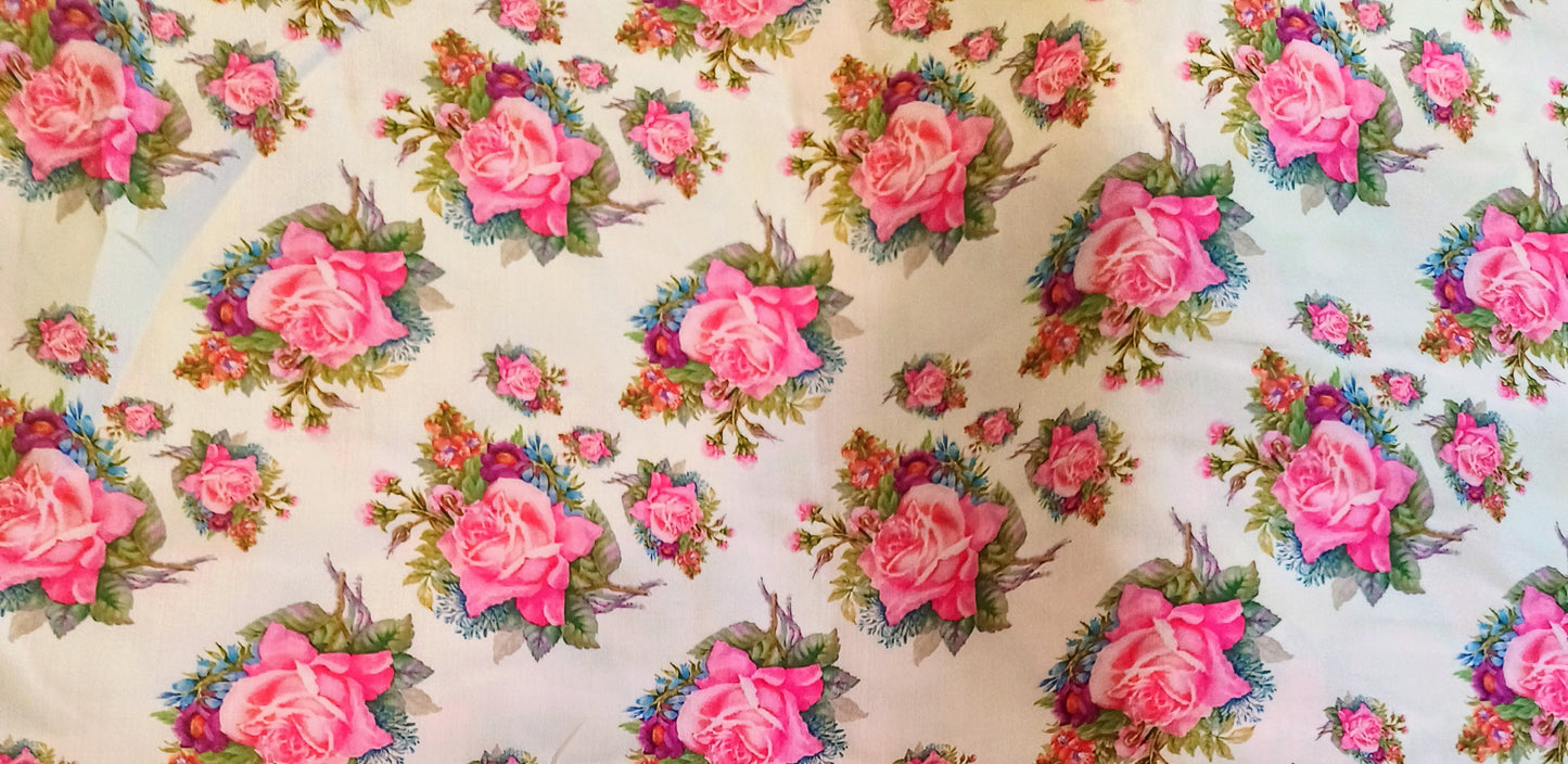 Popline Cotton 58" inch Fabric - pink roses in white base