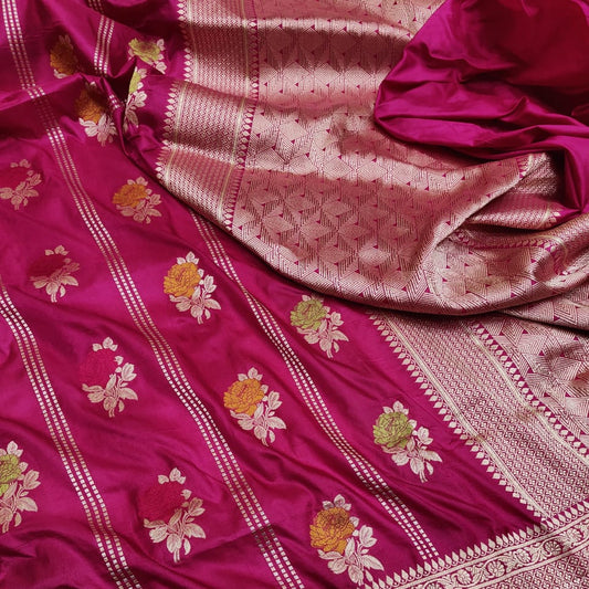 Katan Saree with Meenakari Weaved Rani Pink